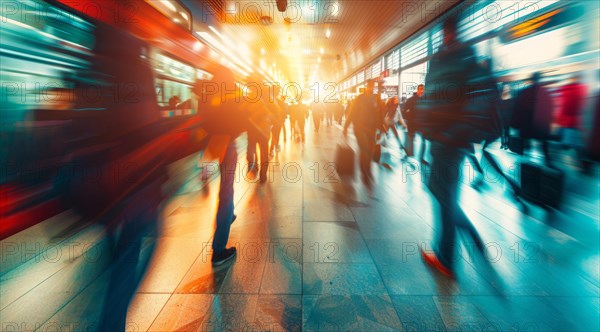 A busy train station with people walking around to board trains, AI generated