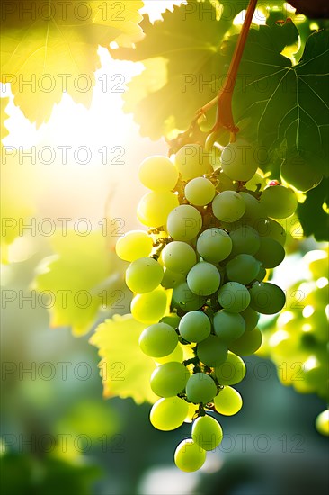 AI generated ripe grapes clinging to a vine sunlight dancing through the leaves accentuating their rich hues