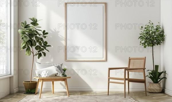A blank image frame mockup on a white wall in a minimalistic modern interior room AI generated