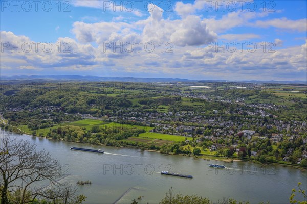 View from Drachenfels, mountain in the Siebengebirge on the Rhine with cargo ships between Koenigswinter and Bad Honnef, North Rhine-Westphalia, Germany, Europe