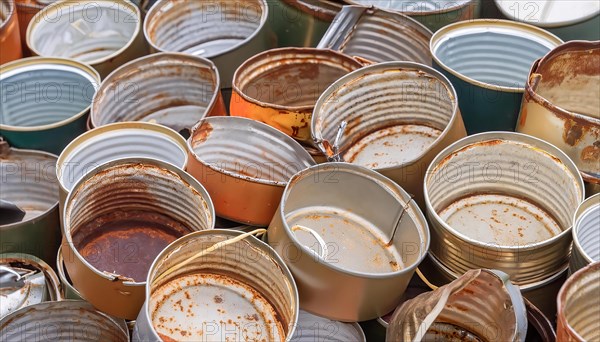 Symbol photo, waste, a large quantity of empty open rusted tinplate cans on a heap, AI generated, AI generated