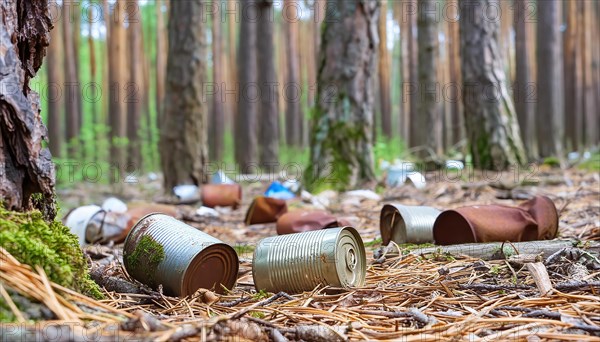 Symbolic photo, a forest of thick tree trunks, many rusty tin cans on the ground, waste, environmental pollution, AI generated, AI generated