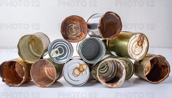 Symbol photo, many empty tin cans, partly crushed, rusty, dirty, on a white background, AI generated, AI generated