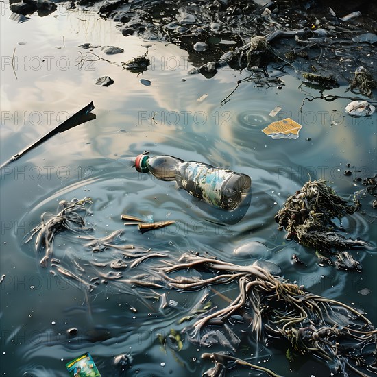 Polluted water with floating rubbish, mainly plastic bottles, documented pollution, environmental pollution, environmental protection, AI generated