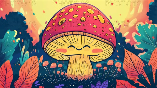 A smiling cartoon mushroom with a joyful expression, surrounded by vibrant foliage, AI generated
