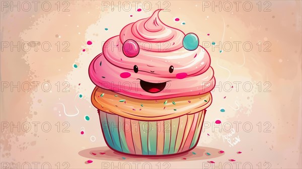 A playful pink cupcake with candy decorations and a big smile on a striped pastel background, AI generated