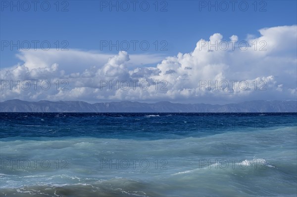 The Mediterranean Sea off the west coast of Rhodes, in the background the coast of Turkey, Rhodes, Dodecanese archipelago, Greece, Europe