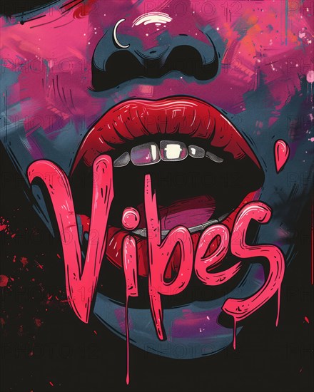 Graffiti-style art with vibrant lips and the word 'Vibes' in bold lettering, AI Generated, AI generated