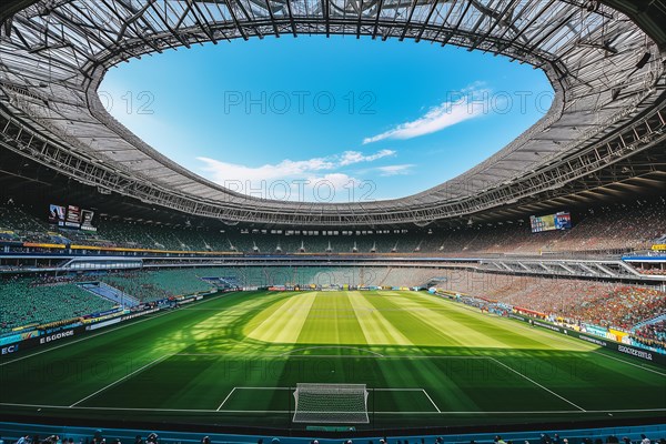 A soccer field with a large crowd of people spectators fans watching the game view. The stadium is lit up with bright flood spotlights ready for a match game, AI generated