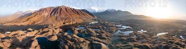 Aerial view, high mountain landscape with glacial moraines and mountain lakes, behind Pik Lenin, Trans Alay Mountains, Pamir Mountains, Osher Province, Kyrgyzstan, Asia