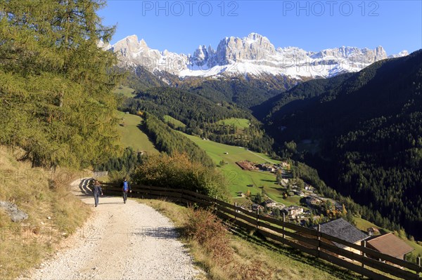 Hikers on a path with a breathtaking mountain panorama and autumnal meadows, Italy, Alto Adige, Bolzano province, Dolomites, Catinaccio/rose garden, Europe