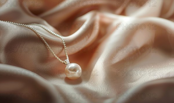 Pearl pendant necklace with a delicate chain arranged on a luxurious satin material background AI generated