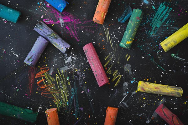 Top view of colorful chalk pieces on black chalkboard. KI generiert, generiert, AI generated