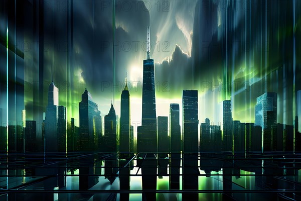 AI generated illustration of a cityscape with skyscrapers and holographic elements in green color tones