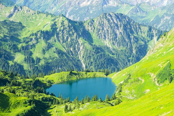 Panorama from Zeigersattel to Seealpsee, Allgaeu Alps, Allgaeu, Bavaria, Germany, Europe