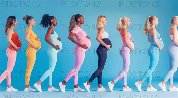 A group of pregnant women are standing in a line, with each woman wearing a different colored outfit. Concept of unity and support among the women, as they share their pregnancy experiences together, AI generated