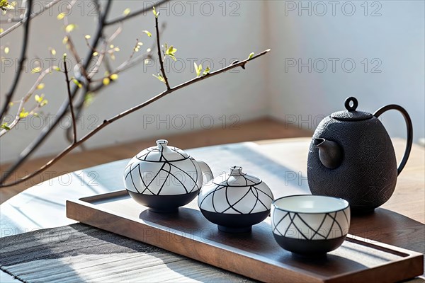 A modern redesign of the traditional Japanese tea ceremony with a black and white tea set on a dark table with Japanese flair and bud branches, teapot, tea service, Japan, KI generated, AI generated, Asia