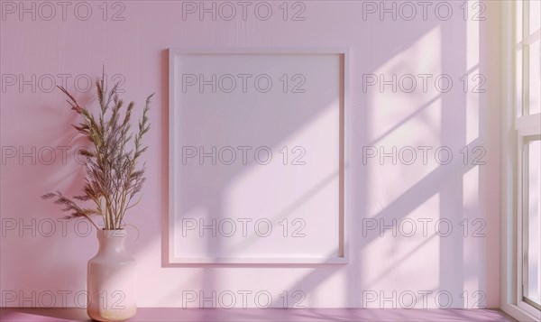 A blank image frame mockup on a soft lilac wall AI generated