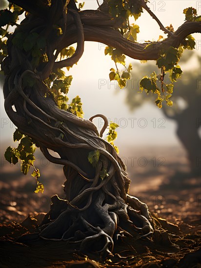 AI generated ancient weather gnarled trunks twisting skyward in a storied vineyard decades