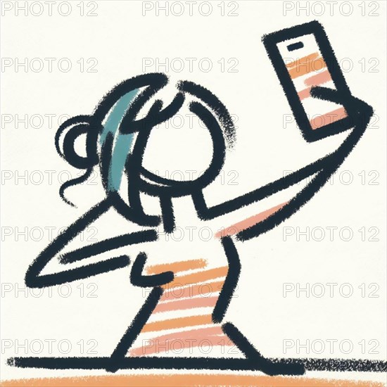 Dynamic sketch of a woman taking a selfie while dancing, with hints of blue and orange, AI generated