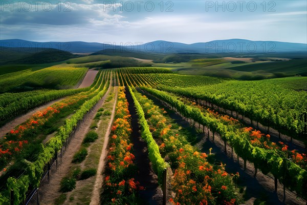 AI generated aerial view of a vineyard landscape interspersed with blooming wildflowers in spring