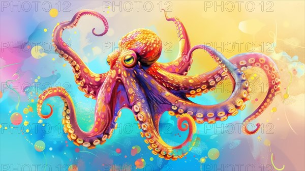 A vividly colored octopus with swirling tentacles in an abstract and imaginative art style, AI generated