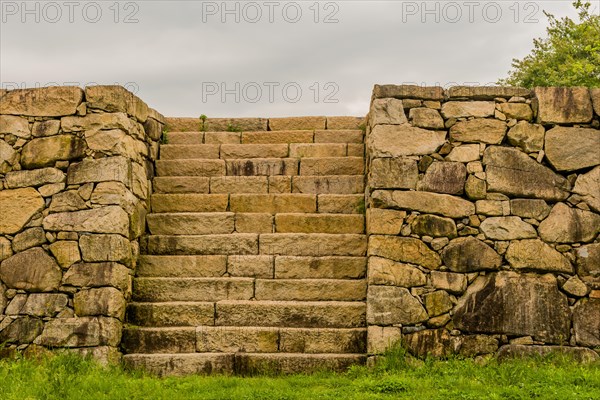 Stone steps on front of remains of Japanese stone fortress in Suncheon, South Korea, Asia