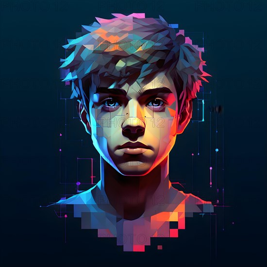 AI generated boys human head digitalised in pixel art style presenting a mosaic of vibrant hues in neon glow