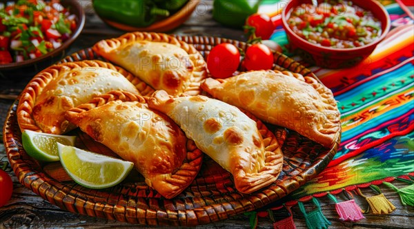 Tasty empanadas on a plate with colorful Mexican cloths as a background. National mexican food, AI generated