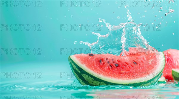 Fresh watermelon floating in water. A concept of vegetarian lifestyle and vegetarian diet, AI generated