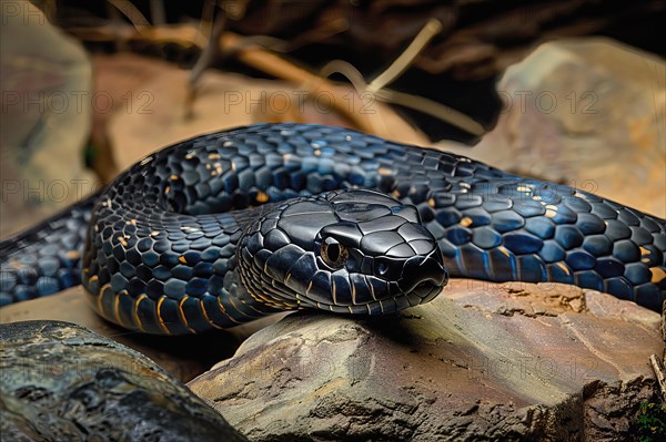 Venomous black mamba on rocks, Africa, AI generated