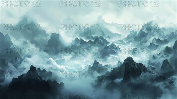 Ethereal blue mountains shrouded in mist and haze convey a serene and mysterious atmosphere, AI generated