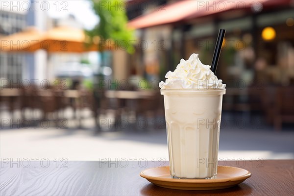 Vanilla milkshake with cream on outdoor restaurant table. KI generiert, generiert, AI generated