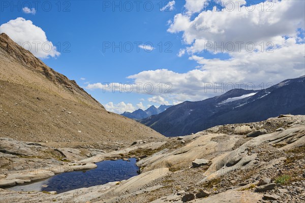 Puddle next to Wasserfallwinkelkeesee in the mountains (Grossglockner) in summer on a sunny day, Kaernten, Austria, Europe