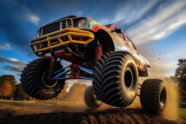 Monster truck driving and jumping outdoors amidst a cloud of dust. Thrill and adrenaline of an outdoor racing event on off-road terrain, AI generated