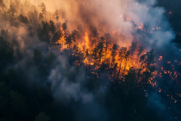 Aerial view of a forest fire is raging through a forest, with smoke and flames visible in the air. The scene is chaotic and dangerous, with trees and other vegetation being consumed by the fire, AI generated