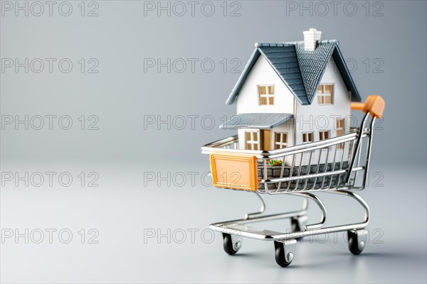 Real estate shopping concept, a house is a shopping cart on grey background, AI generated