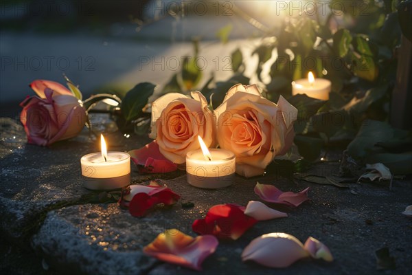 Memorial with candles and flowers in street. KI generiert, generiert, AI generated