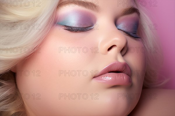 Close up of round face of curvy plus size woman with pastel colored glamouros makeup. KI generiert, generiert, AI generated