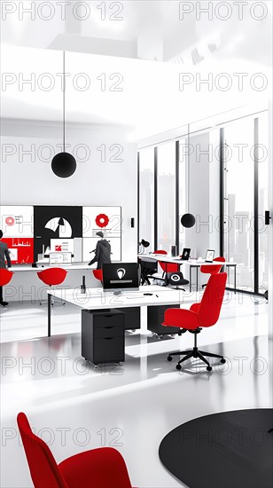 A dynamic modern office space with striking red and grayscale design promoting teamwork, illustration, AI generated
