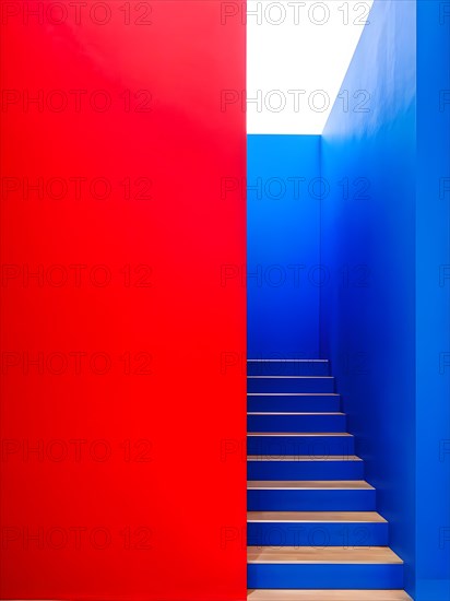 AI generated minimalist architectural shot of red and blue walls intersecting around a modern stairway