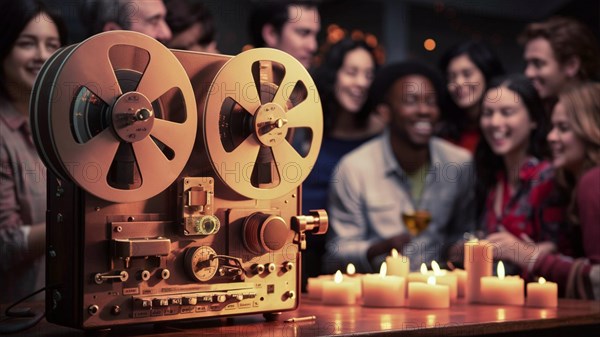 Retro reel-to-reel tape player at a social gathering with people and warm candle light, AI generated