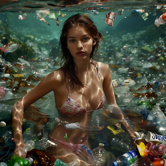 Woman swimming on the water surface surrounded by plastic waste, AI generated