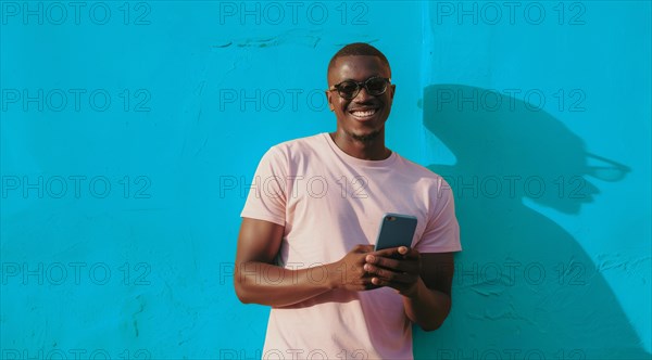 Black young positive man with dreadlocks is smiling and standing in front of the building wall. Concept of confidence and positivity, AI generated