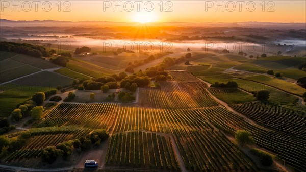 AI generated aerial view of a vineyard in autumn bathed in sunrise