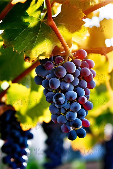 AI generated ripe grapes clinging to a vine sunlight dancing through the leaves accentuating their rich hues