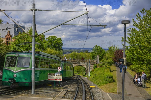 Drachenfelsbahn, Germany's oldest cog railway up the Drachenfels, a mountain in the Siebengebirge mountains above the Rhine between Koenigswinter and Bad Honnef, North Rhine-Westphalia, Germany, Europe