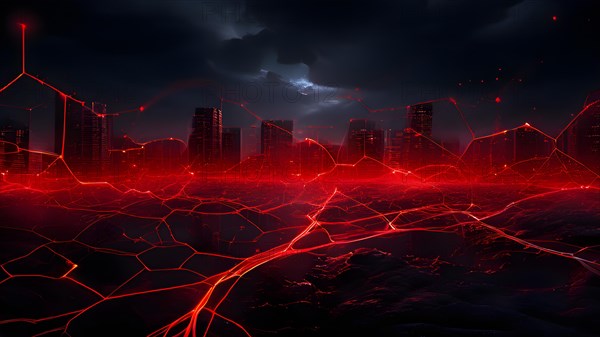 Ai generated conceptual illustration of a neuronal network with city skyline in the background in red colors, AI generated