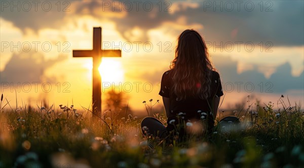 Devout faithful christian prays in front of the cross at a dramatic sunset with beautiful skies, AI generated