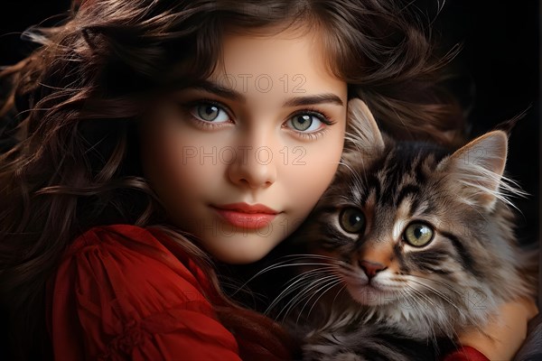 AI generated portrait of a young girl with cute little cat